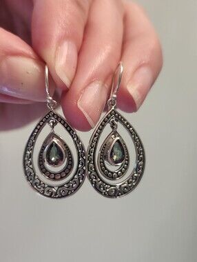 925 Sterling Silver Bali Earrings with Mystic Teardrop Stone